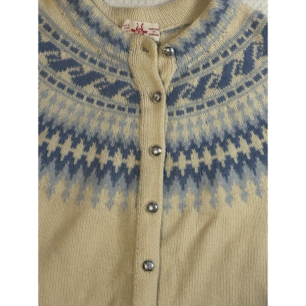 Handmade in Denmark‎ Wool XS (32" Chest) Fair Isle Cardigan Cream Blue Vintage - Picture 8 of 16